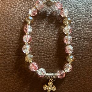 Elegant Pink and Gold Beaded Bracelet with Cross
